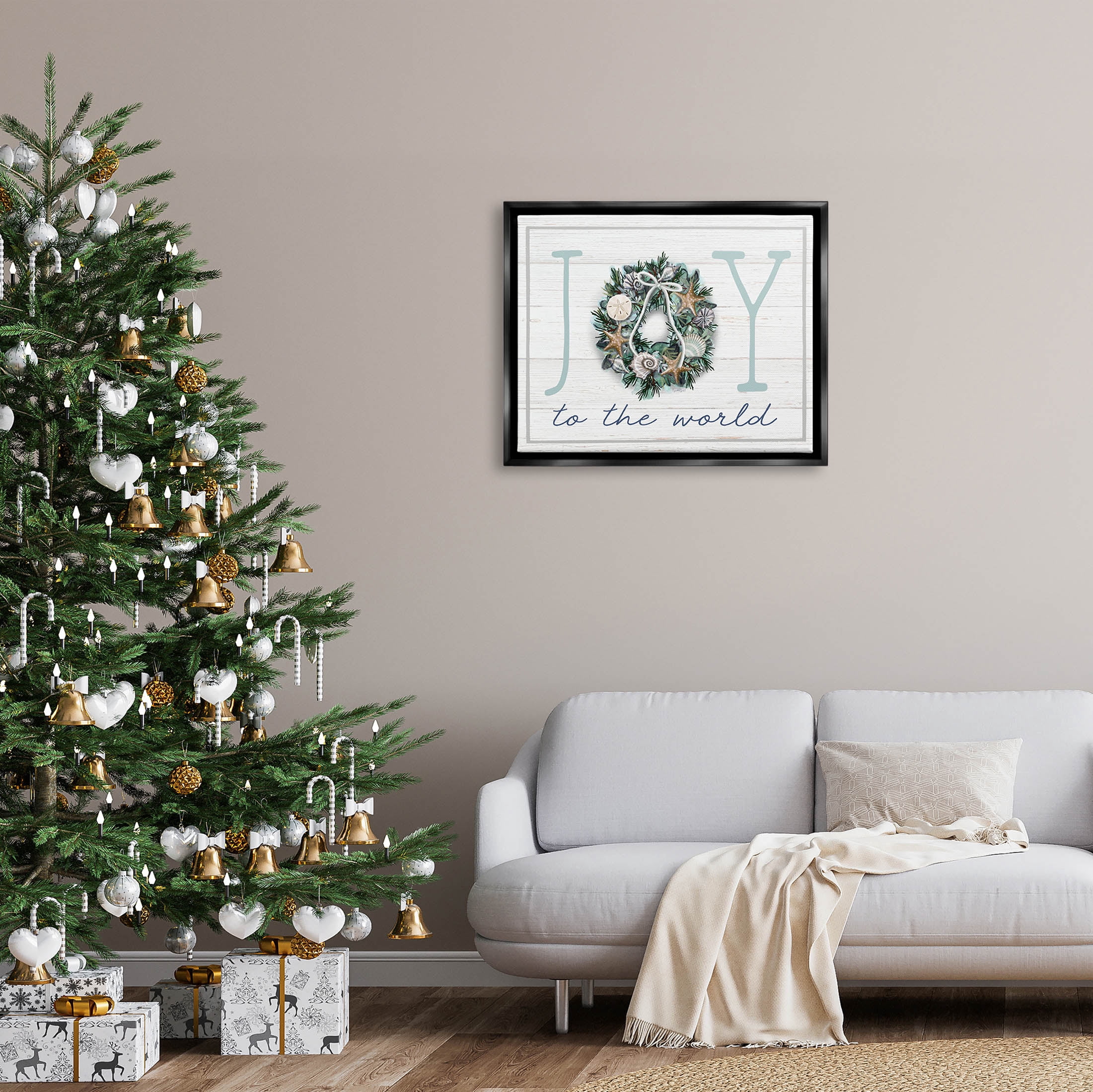 Stupell Industries Joy To The World Nautical Wreath Graphic Art Jet Black Floating Framed Canvas Print Wall Art, Design by Elizabeth Tyndall