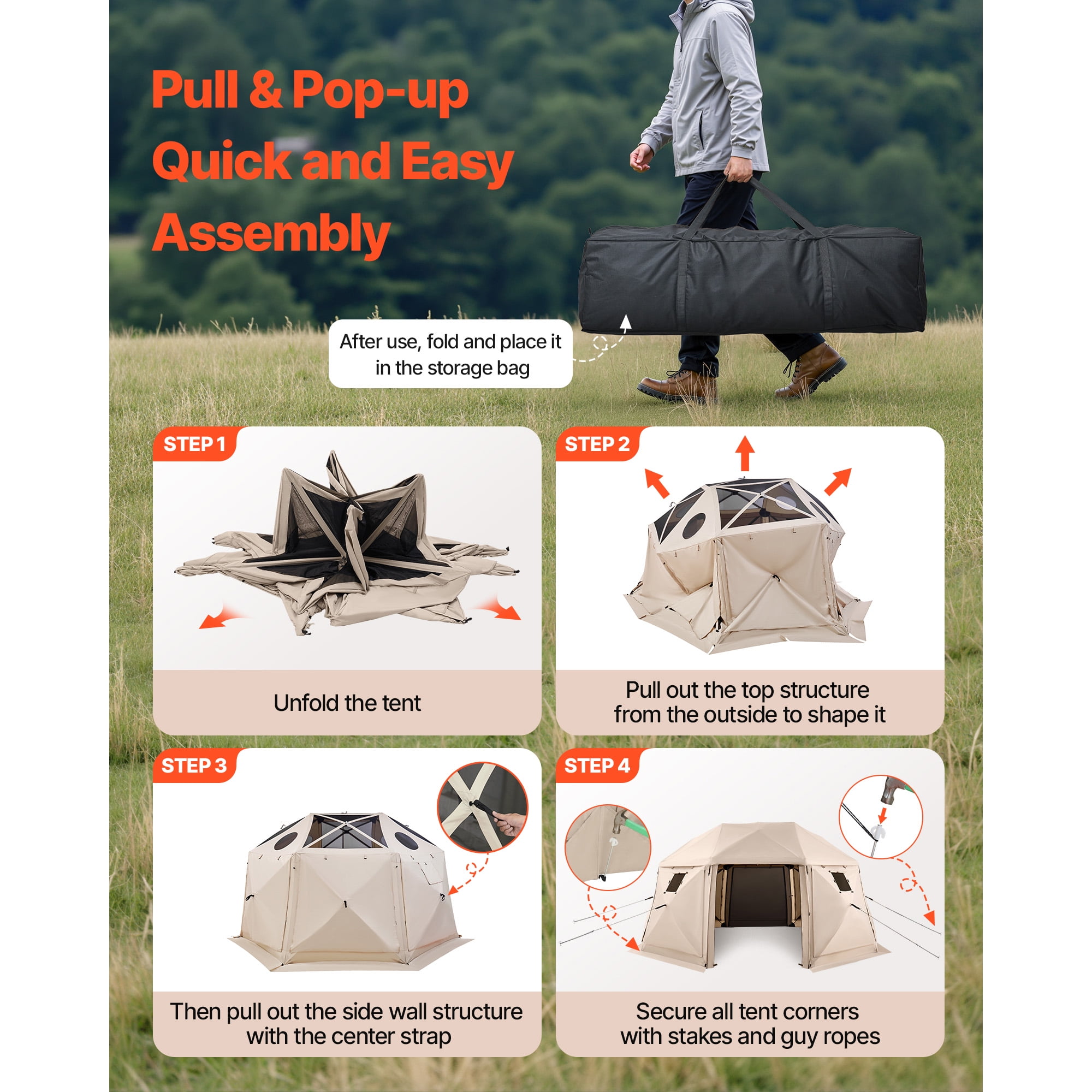 KFFKFF Pop-Up Gazebo Screen Tent, 15 x 15 ft, 13-Sided Dome Camping Canopy with Detachable Roof & Carrying Bag, Easy Setup & Insect-Resistant, Outdoor Sun Shelter for 12-15 People, Beige