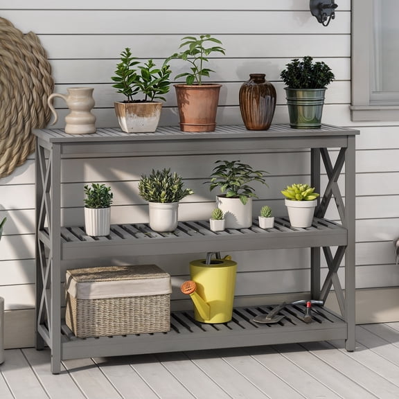 Craftian Wood Console Table with 3-Tier Storage Shelves, Weatherproof Side Table for Outdoor & Indoor, Gray