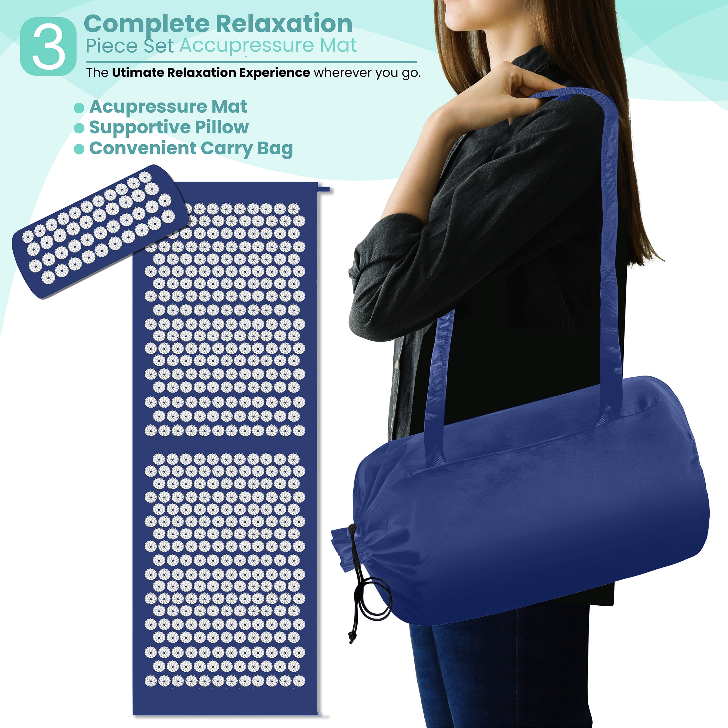 Sivan Health and Fitness Large Acupressure Mat and Pillow Set - Grounding Mat for Stress, Back & Neck Pain - Acupuncture Point Massage Mat - Includes Carry Bag