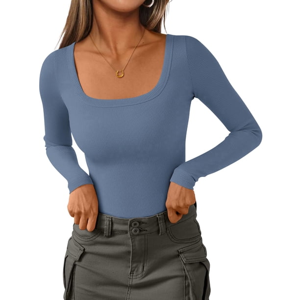 Camisas de Manga Larga PRETTYGARDEN para Mujer Azul Gris Talle S
