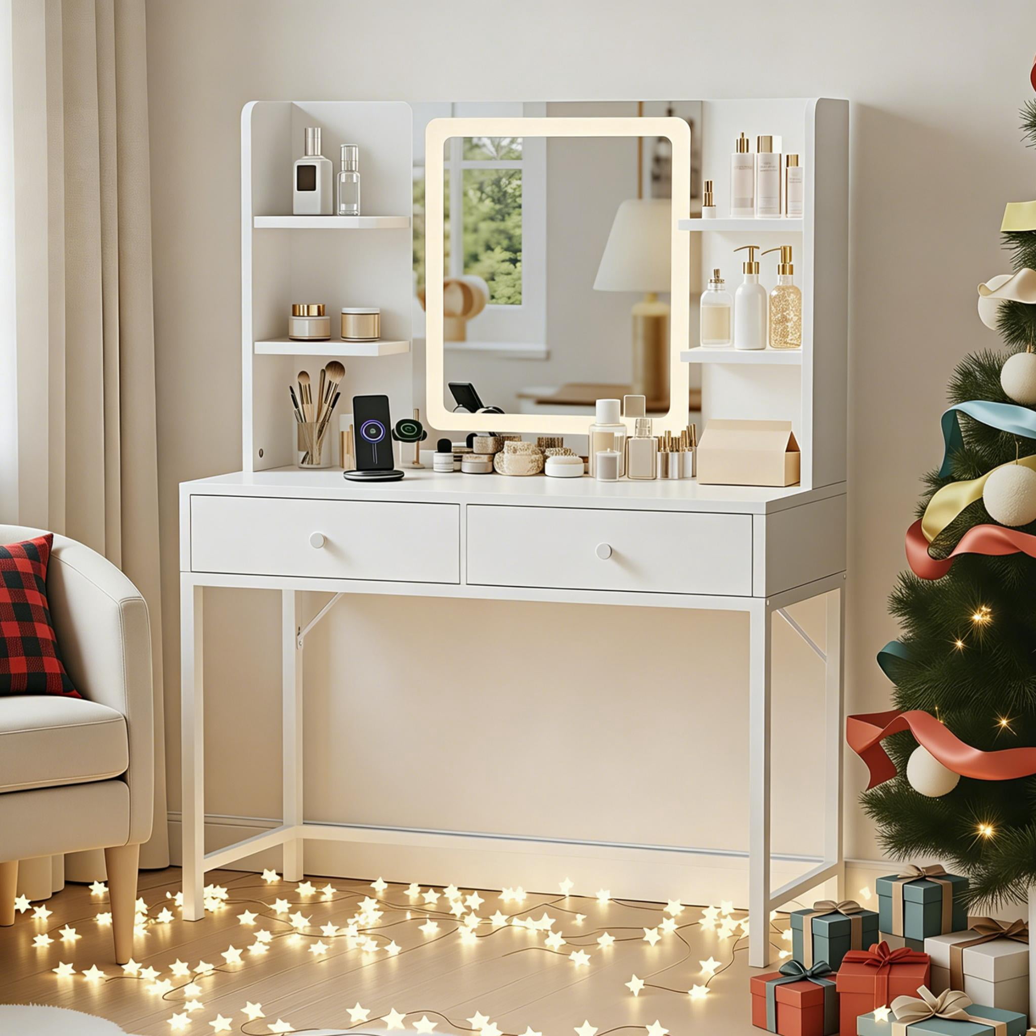 Lofka Makeup Vanity with Mirror and Lights Large Vanity Table Set White