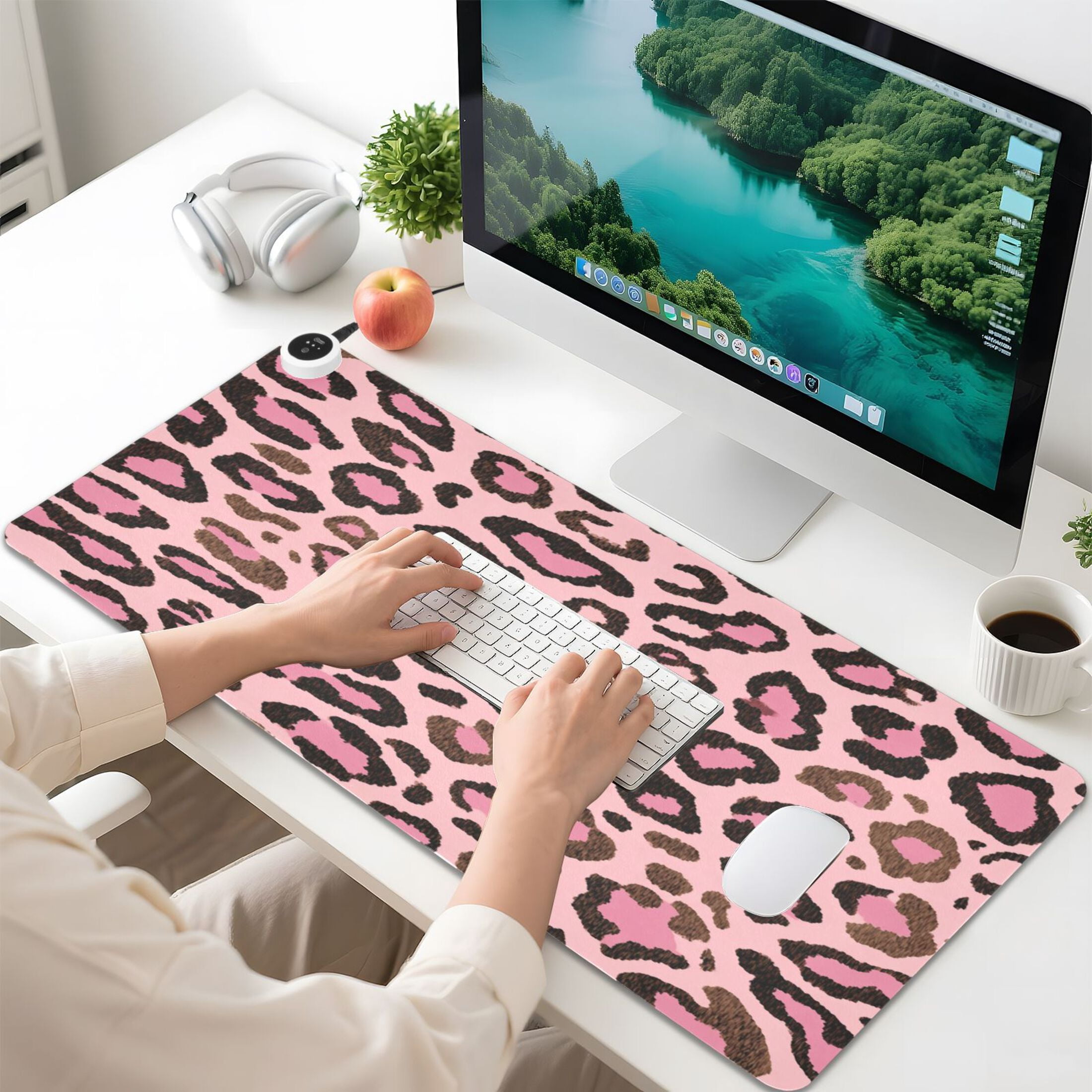 Large Heated Desk Mat Mouse Pad 31.5"x13"PU Leather Graphene Heating Desk Warmer with 3 Temperature Settings 110V US Plug Non-Slip Warm Pad for Home, Office, and Gaming Brushstroke Pink Cheetah Print