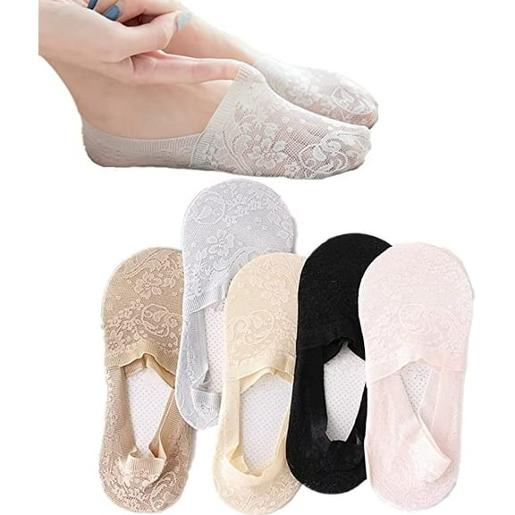 Women's No Show Socks Lace Low Cut Flat Invisible Liner Socks with 360° Heel Grip Non Slip Summer Sock 5 Pairs