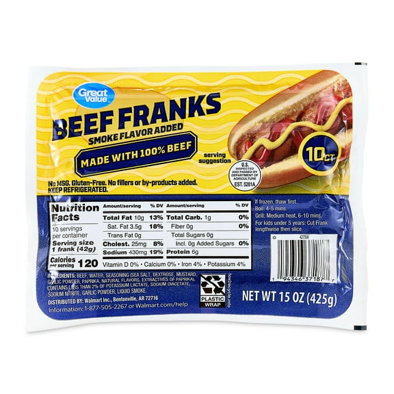 Great Value 100% Beef Frank Hot Dogs, 15 oz, 10 Count Pack