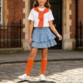 thumbnail image 2 of Daiosportswear Girls 4 Piece Summer Outfit Set, Crew Neck Tee Detachable Scarf Tiered Ruffle Denim Skirt Knee High Socks for 3-16Y Orange 7-8 Years, 2 of 9