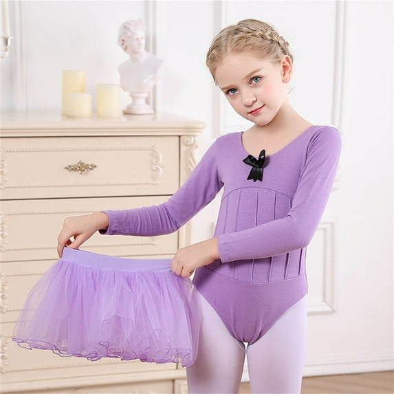 Ballet Leotards for Girls Size 3-16 T Kids Toddler Little Girls Long Sleeve Gymnastics Leotards with Tutu Tulle Skirt Outfits,Purple+Purple Skirt,15-16 Years
