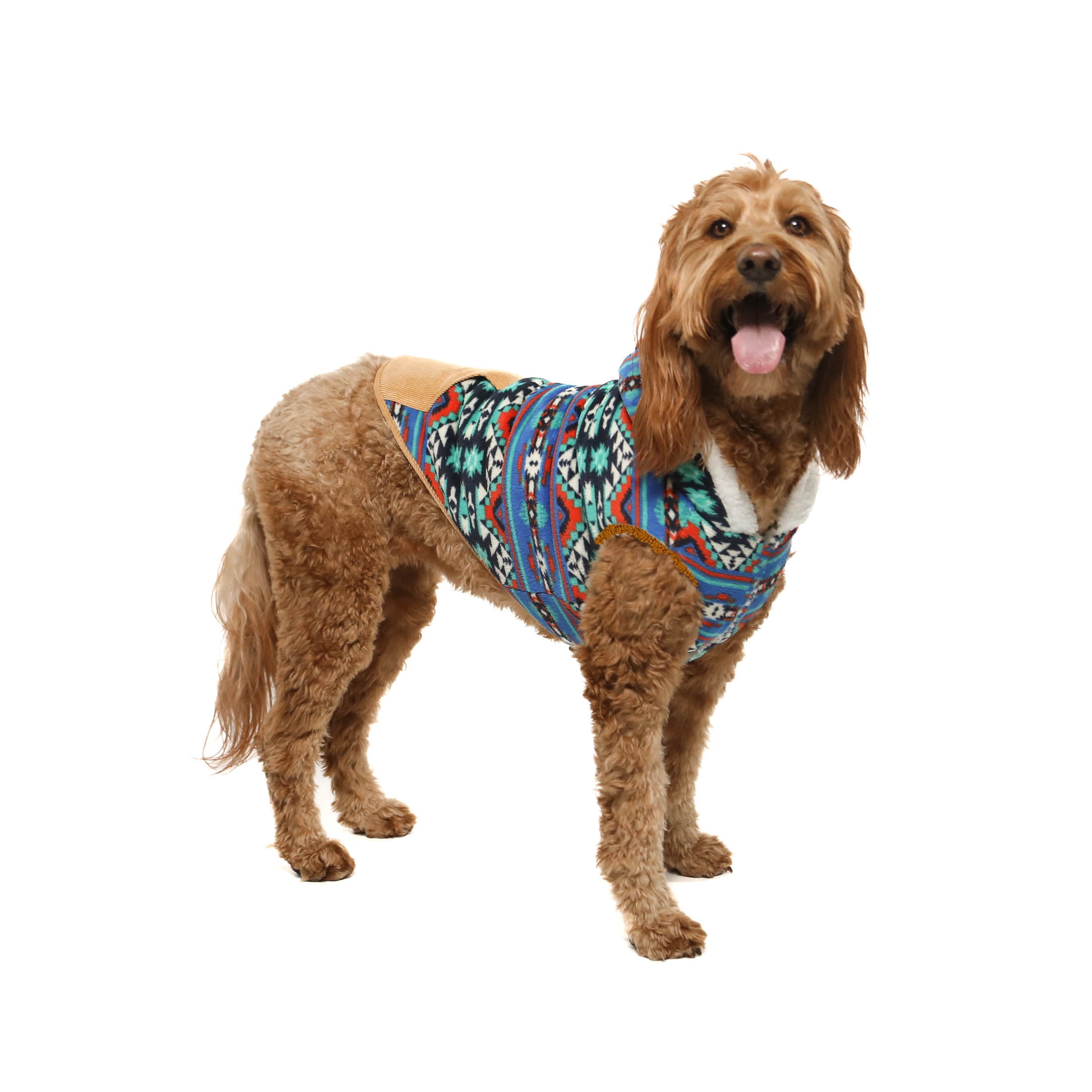 Vibrant Life Dog Clothes: Blueprint Fleece Hooded Jacket with Corduroy Trim, M