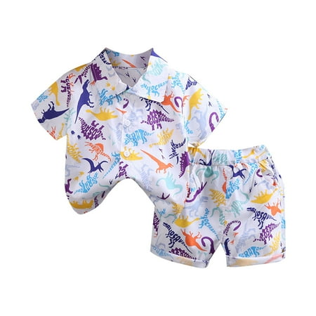 

Infant Newborn Outfits Two Piece Dinosaur Print Shirt Short Sleeve Button Down Top Shorts Summer Baby Boys Clothes Size 90 White