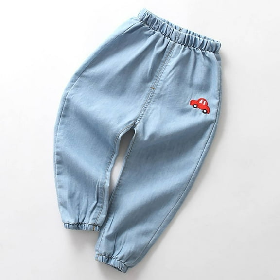 ATOGUTA Kids Jeans Cotton Pull-On Soft Denim Pants Elastic Waist Embroidered Casual Wear School Pants Light Blue, Size 2T-7