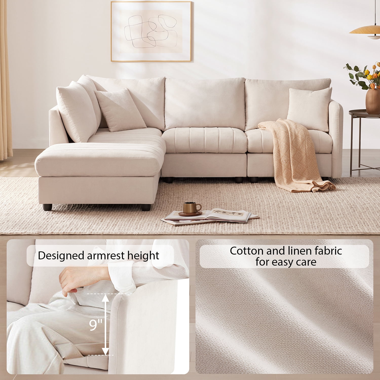 Hommoo Modern Sectional Sofa with 2 Pillows, 5-Seat L-Shaped Couch Sofa Set with Ottoman, Modern Indoor Living Room Furniture, for Various Combinations,Apartment, Beige