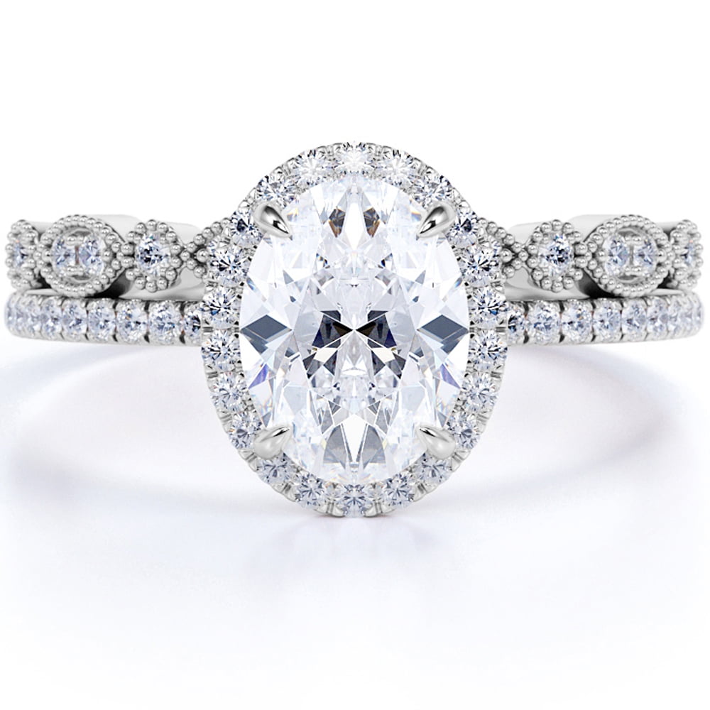 JeenMata 1.75 Carat Oval Cut Moissanite Wedding Set with Art Deco Band in 18k White Gold Over Silver