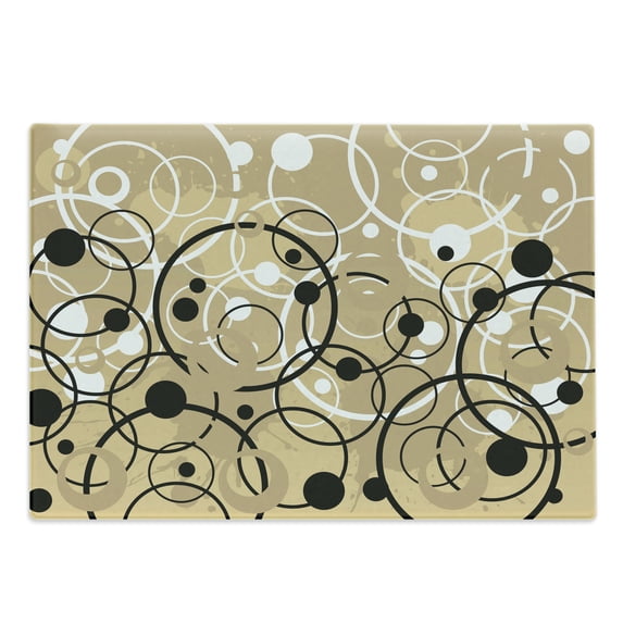 Tan Cutting Board, Funky Grungy Composition with Circles and Dots Retro Imaginative Print, Decorative Tempered Glass Cutting and Serving Board, Large Size, Black White Tan, by Ambesonne
