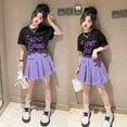 thumbnail image 3 of Tfken Outfits Sets For Children Girls Crew Neck Short Sleeve Letter Print Tops Mini Skirt Comfortable Loose Outfits Sets Purple Size 4-5 Years, 3 of 9