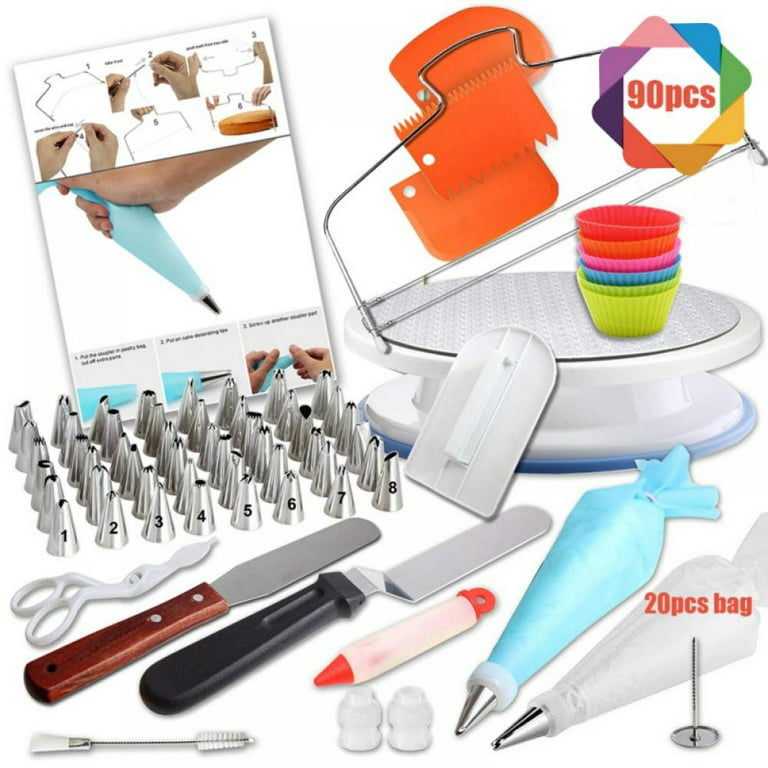Cake Decorating Supplies Kit for Beginners, Set of 90, Baking Pastry Tools, 1 Turntable stand-48 Numbered Icing Tips with Pattern Chart, Angled