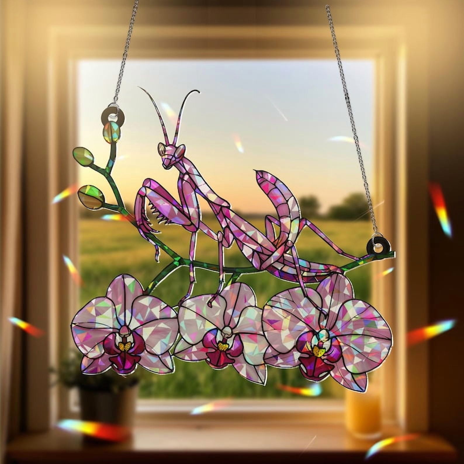 ViciArt Pink Orchid Mantis Suncatcher, 4" Acrylic Holographic Window Hanging, Floral Bug Decor
