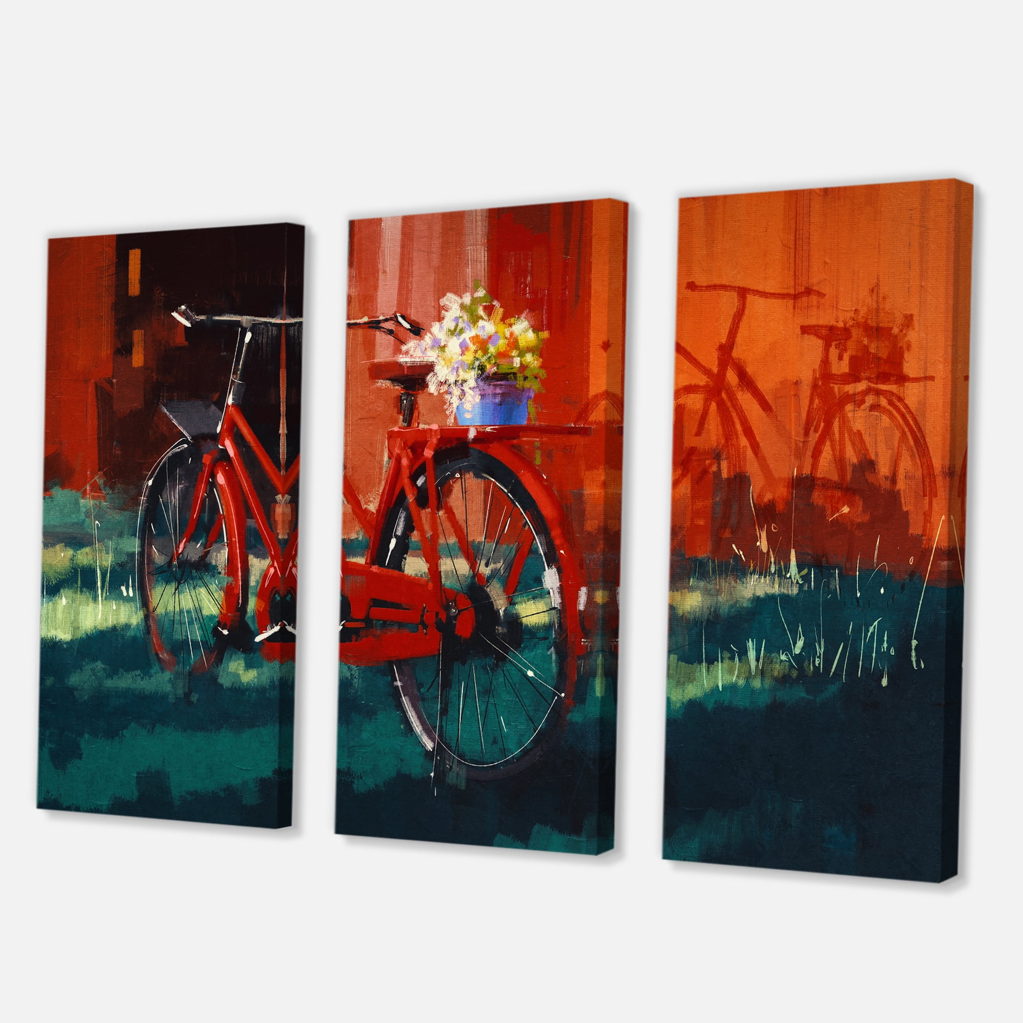 Red VIntage Bicycle With Flowers Bucket 28 in x 36 in Painting Canvas Art Print, by Designart