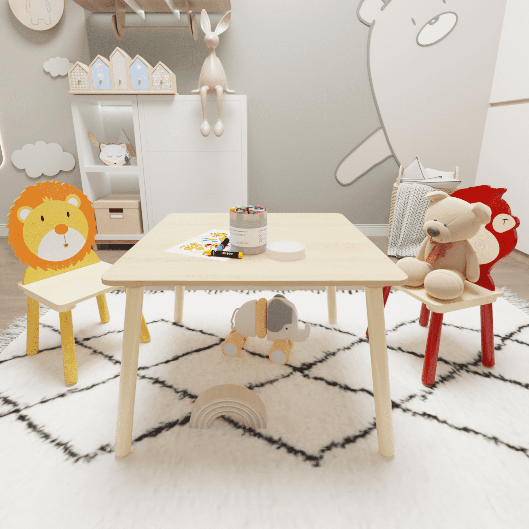 GUTALOR Kids Table and Chairs Set, 3-Piece Wooden Toddler Activity Play Table Set with Lion & Monkey Design, Durable & Safe for Children