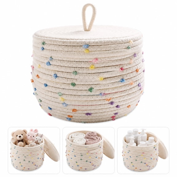Cotton Rope Storage Basket with Lid, Rainbow, Round, Small, for Desk, 1 ct