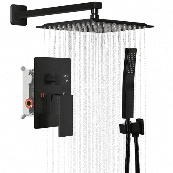LIFERECORD Shower Faucet Set, Matte Black Shower System with 10-Inch Rainfall Shower Head, Handheld Shower, Adjustable Bathroom Shower Fixture with Brass Rough-In Valve