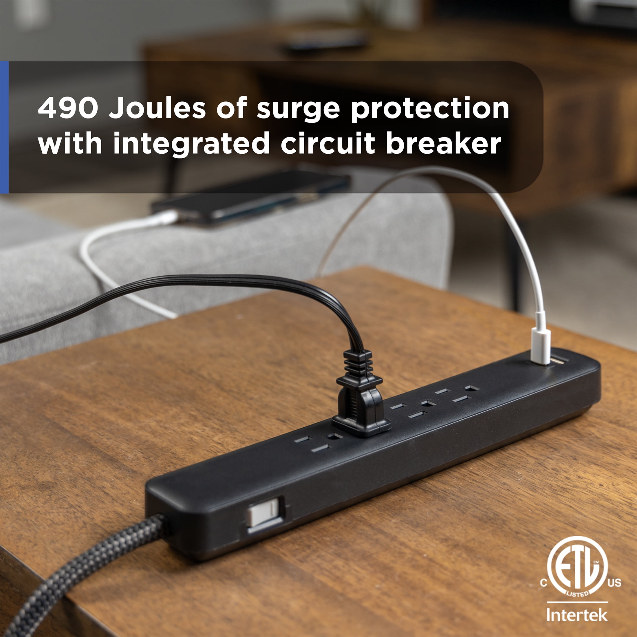 GE 3ft 4Outlet Surge Protector, 1USBC, 1USBA, 12W, 490J