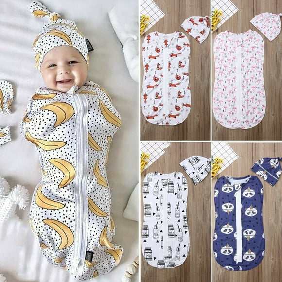 Newborn Kids Baby Cotton Zipper Swaddle Blanket Wrap Sleeping Bag Sleep sacks Hat Outfits 0-6M