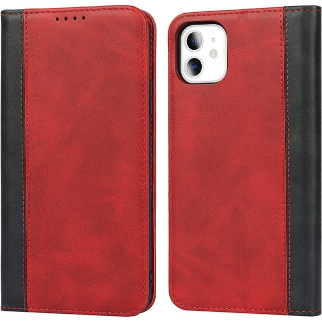 GHSDFBB étui iPhone 11 avec Porte-Cartes, étui portefeuille iPhone 11 pour Femmes, étui iPhone 11, étui portefeuille à Rabat en Cuir pour Hommes, étui portefeuille pour Femmes - Rouge Noir