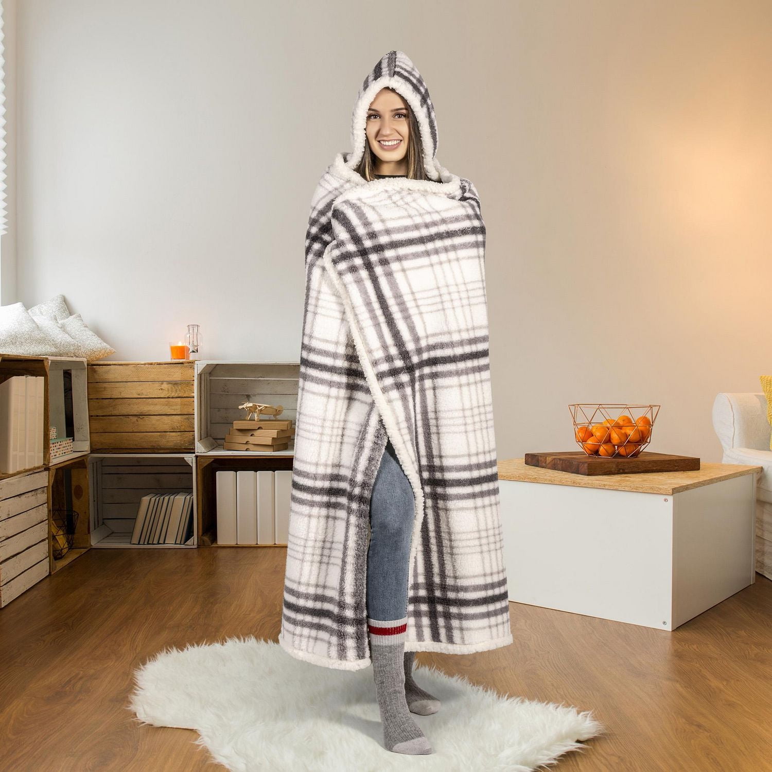 Safdie & Co. Premium Ultra Soft Hoodzy Hooded Throw Blanket with Sherpa Grey Plaid