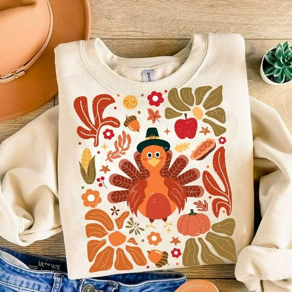 Boho Floral Turkey Sweater, Thanksgiving Pumpkin Fall Gobble Sweatshirt