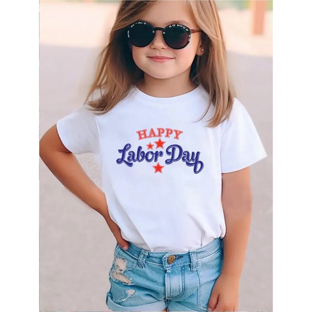 Girls' Happy Labor Graphic T-Shirt - Cute Cartoon Letter Print with Stars, Light Grey Casual Short Sleeve Round Neck Tee, Spring Summer Machine Washable Top for Kids & Teens, Holiday Gift Idea, S