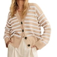 thumbnail image 3 of V Neck Button Down Long Sleeve Open Front Ribbed Knit Outerwear Womens Striped Cardigan Sweaters, 3 of 6