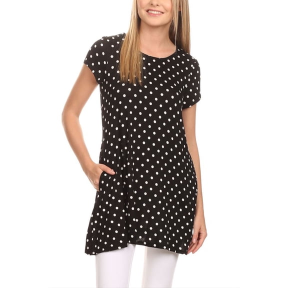 Women's Short Sleeve Polka Dot Round Neck Casual Pockets Blouse Top
