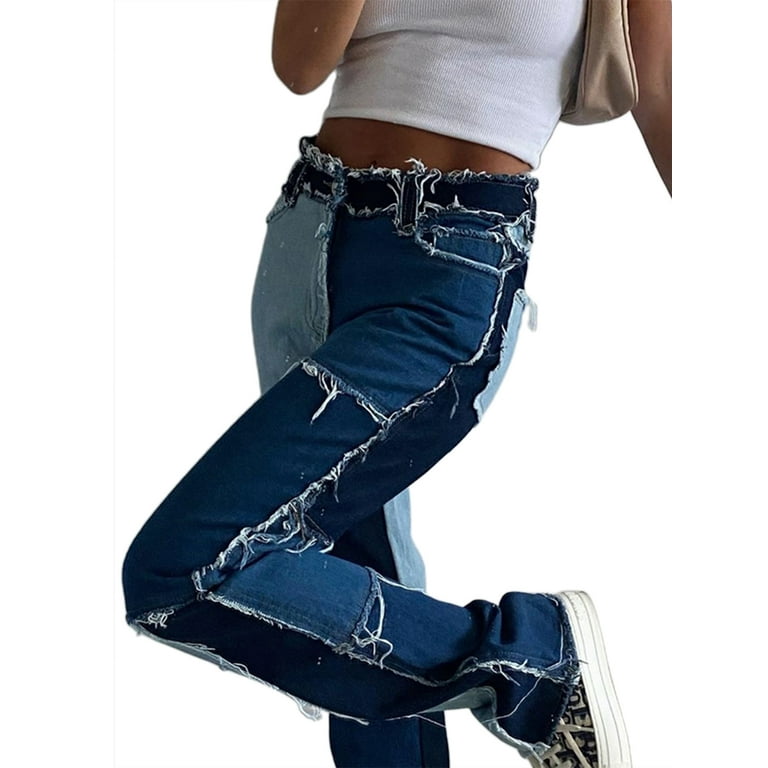 Felcia Women Patchwork Jeans High Waist Zipper Straight Denim Pants  Streetwear Trousers 