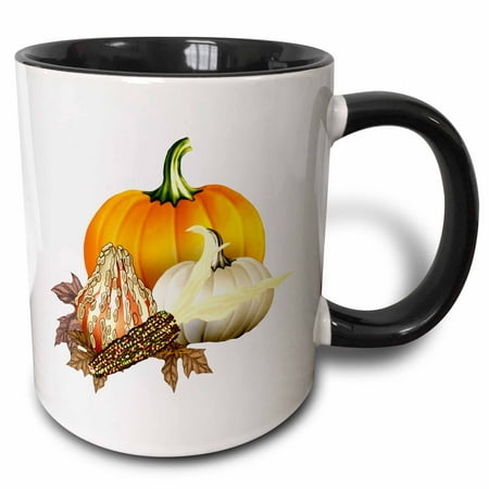 Corn Plastic Mugs - 3dRose Colorful Pumpkins, corn and Autumn leaves to celebrate the Fall harvest - Two Tone Black Mug, 11-ounce