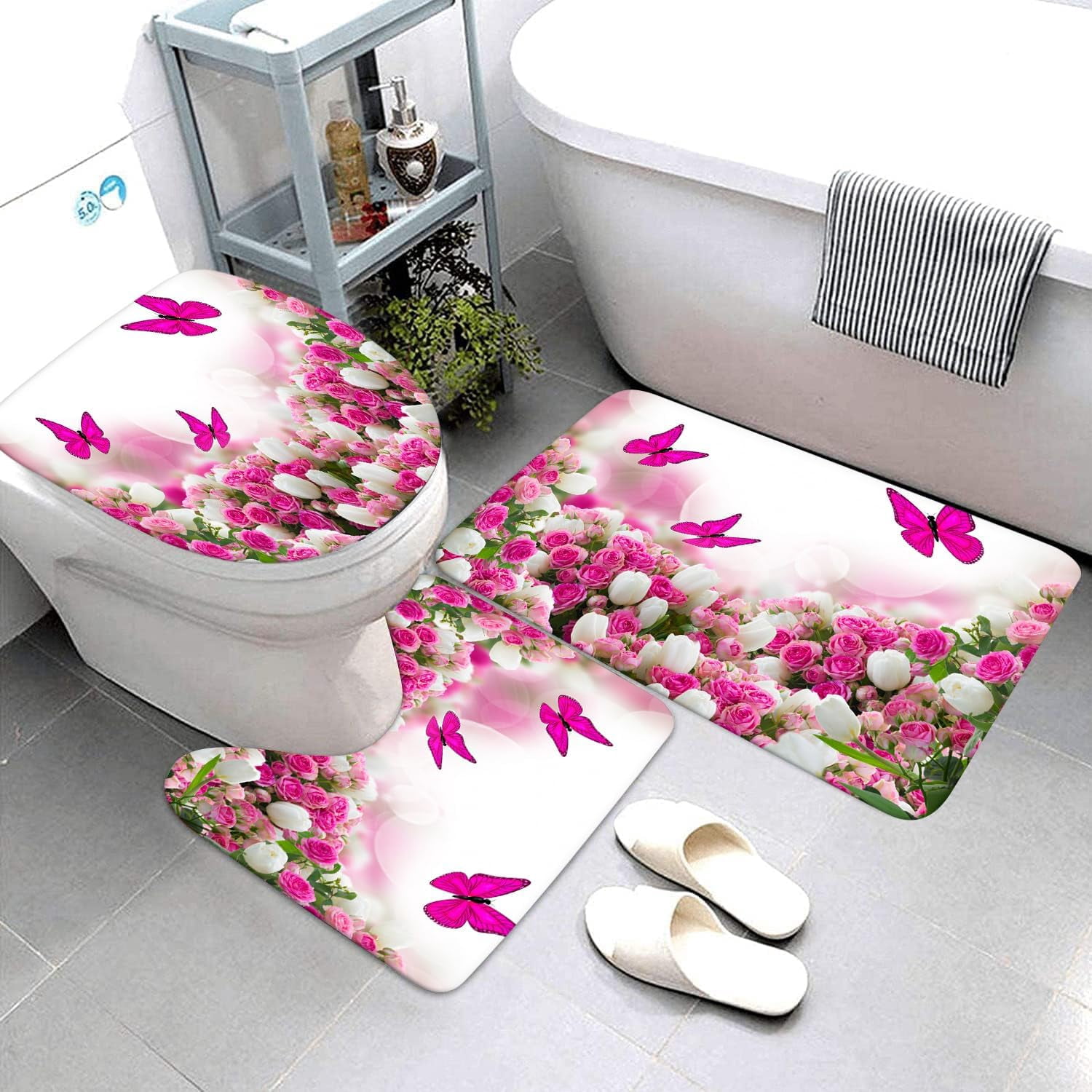 Bathroom Sets with Shower Curtain and Rugs, Toilet Lid Cover, Bath Mat, 4PCS Purple Rose Butterfly Shower Curtains for Bathroom, Romantic Flower Shower Curtains Set for Bathroom Decor