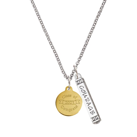 Delight Jewelry Goldtone Engraved Class of 2023 Silvertone Courage Strength Wisdom Honesty Bar Charm Necklace, 23"