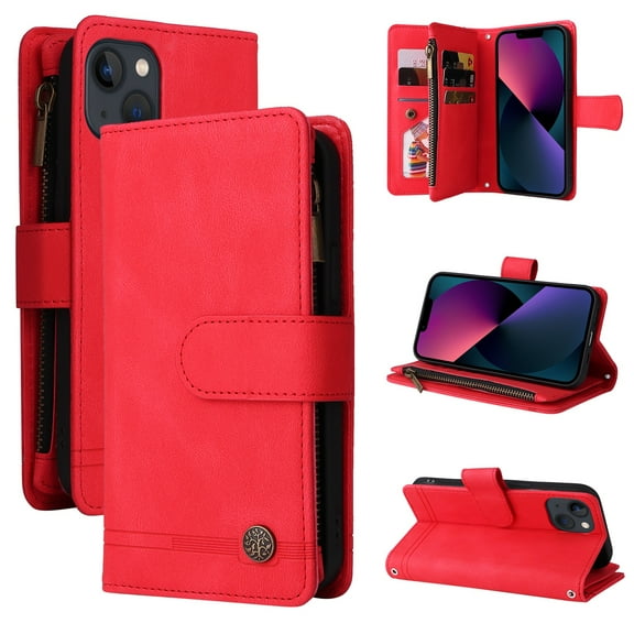 SaniMore Case for iPhone 14 Pro 6.1" 2022, PU Leather Zipper Wallet Cover with [RFID Blocking] Card Slot Magnetic Clsap Flip Folio with Wrist/Crossbody Strap Kickstand Full Protective Cover, Red