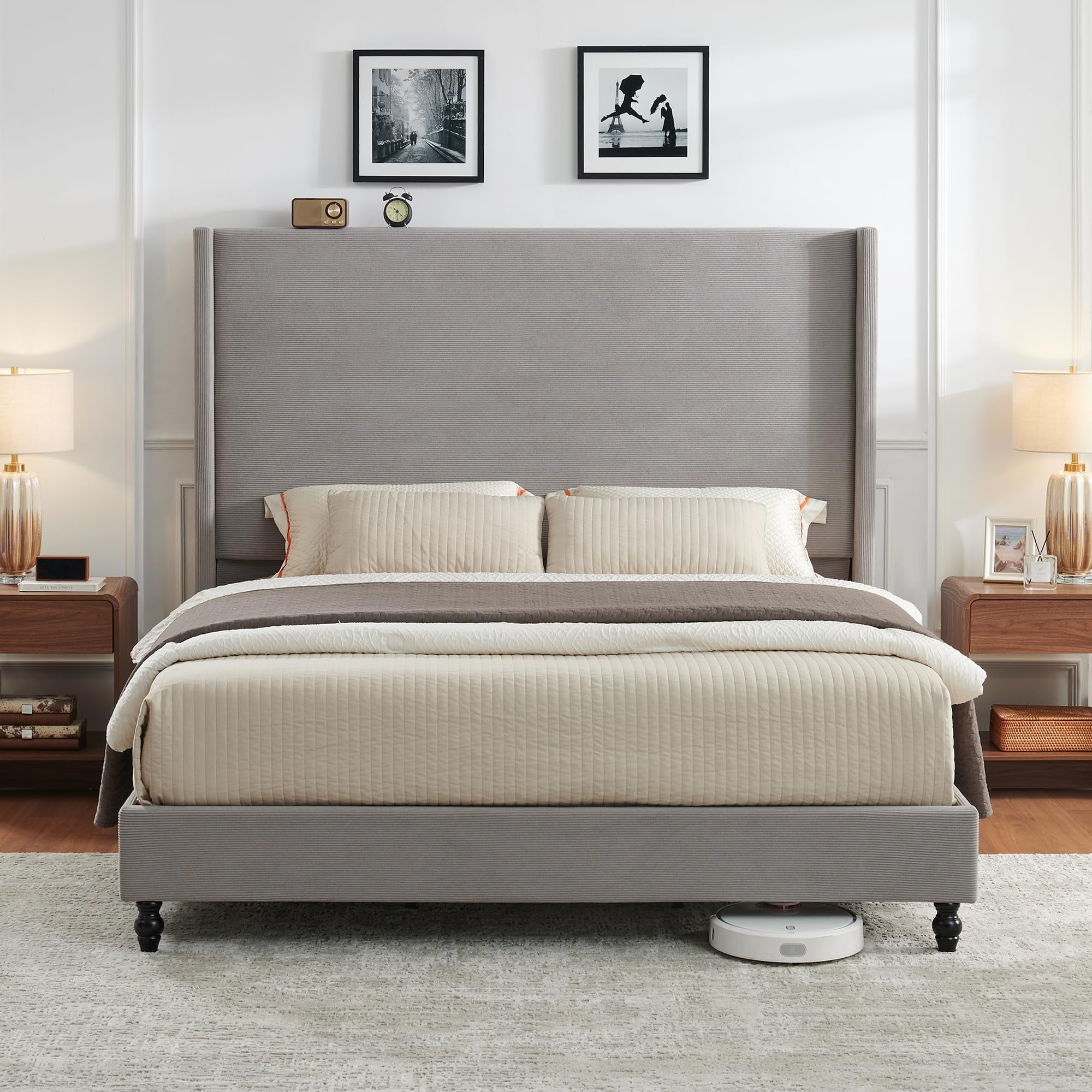 VanAcc King Bed Frame with 65" Tall Headboard, Horizontal Fine Corduroy Bed Frame with Upholstered Wingback, Vintage Solid Wood Gourd Legs, Grey
