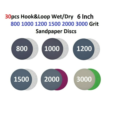

30Pc 6Inch Hook&Loop Wet/Dry Sandpaper Sanding Discs Assorted 800-3000#