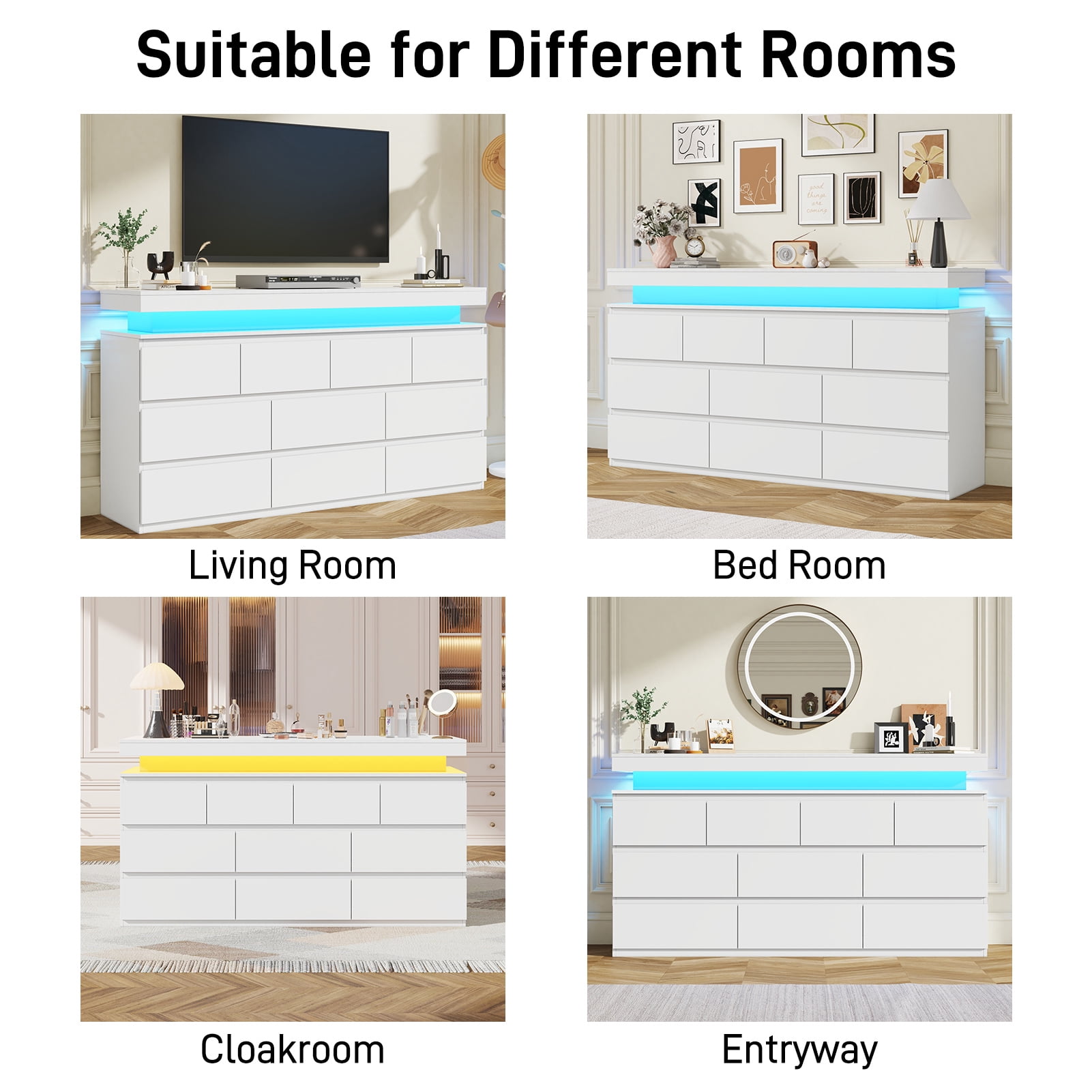 ChVans White 10 Drawer Dresser with LED Lights, 63" Wide Modern Wood Chest of Drawers with Charging Station & Handle Free, LED White Dresser for bedroom, Living Room, Entryway, Hallway