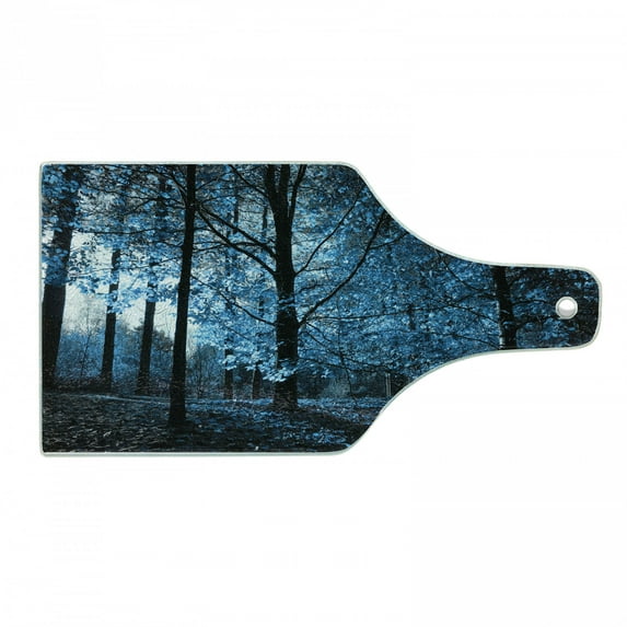 Woodland Cutting Board, September Afternoon in Woodland Autumn Nature Picture Print, Decorative Tempered Glass Cutting and Serving Board, Wine Bottle Shape, Blue Black, by Ambesonne