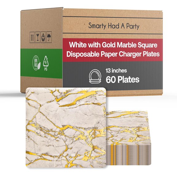 Smarty Had A Party ELEGANT DISPOSABLE CHARGER PLATES - Beaded Rim - Made of Premium Materials - 13" [60-Pack] White with Gold Marble - Square Edge, Order In Bulk