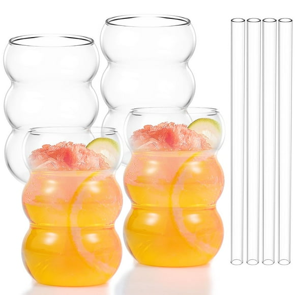 EASTIN 4 Pcs 18 oz Wavy Drinking Water Glasses Drinking Glasses Glass Straws Wavy Shape Bubble Glass Cups Enduring Wavy Shape Vintage Ribbed Glassware Multipurpose Drinking Glasses Tumble