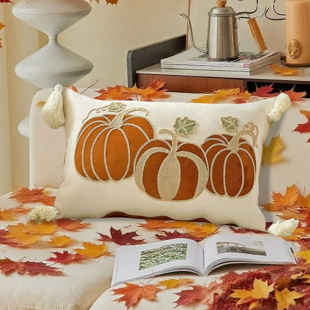 Funda de cojín de terciopelo con bordado de calabaza otoñal, cojín para sofá, cojines decorativos de poliéster