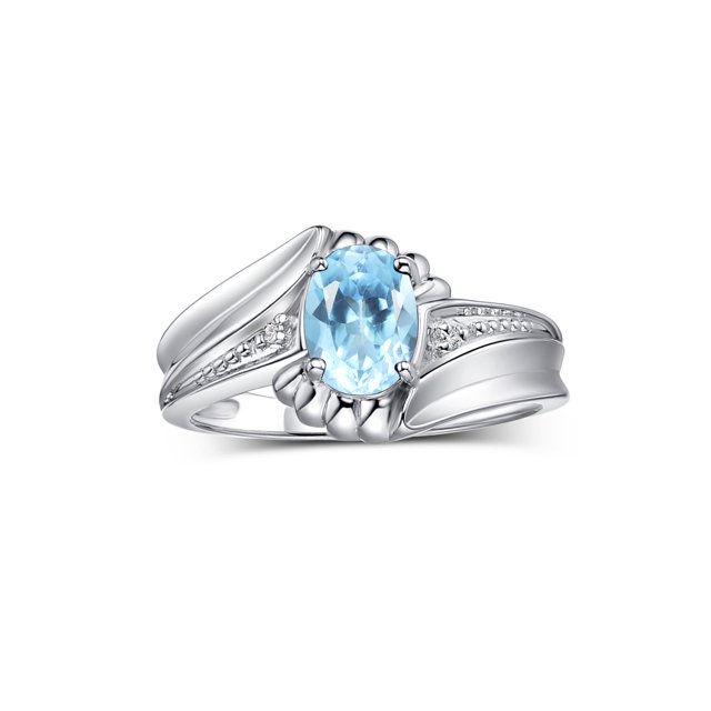 RYLOS Rings for Women Sterling Silver Swirl Z Ring 7X5MM Oval Gemstone & Diamond Rings December Blue Topaz Jewelry Size 7