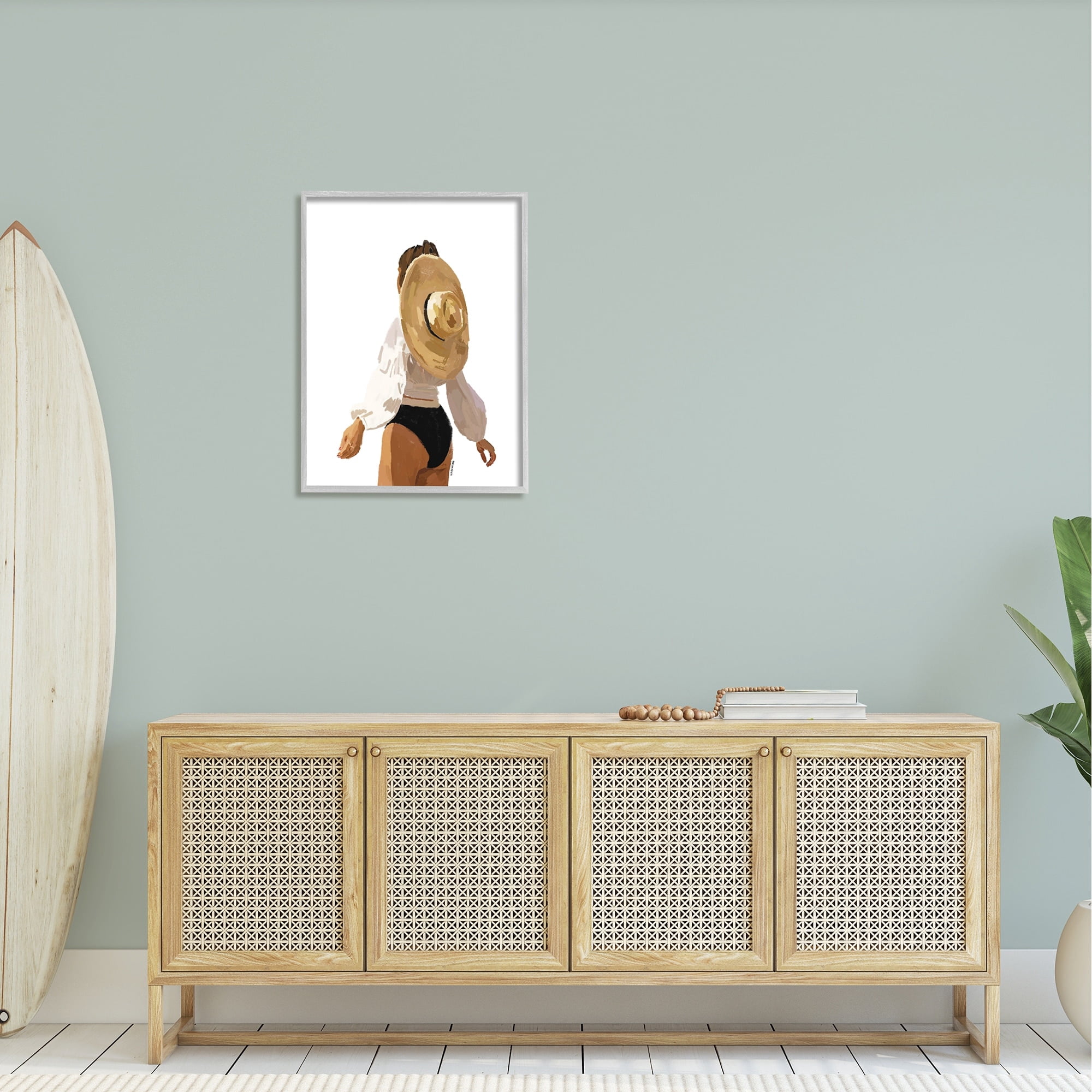 Stupell Industries Woman Draped Sun Hat Tropical Summer Vacation Graphic Art Gray Framed Art Print Wall Art, Design by Amelia Noyes
