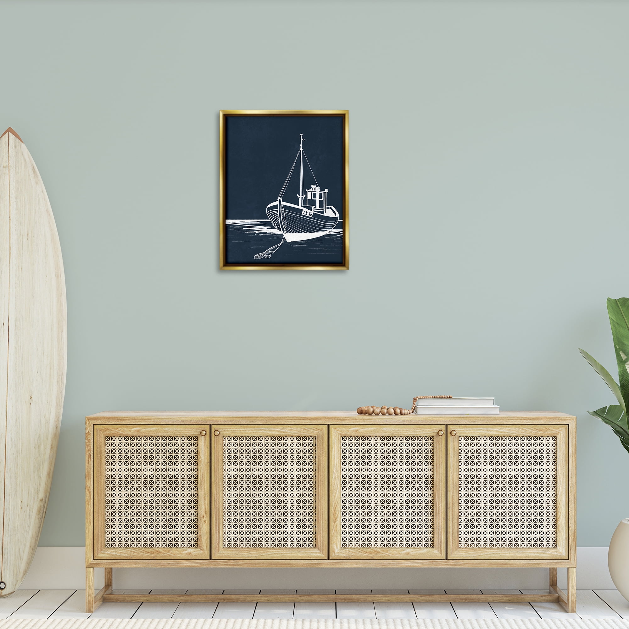 Stupell Industries White Outline Sailboat Transportation Painting Gold Floater Framed Canvas Art Print Wall Art, 25 x 31