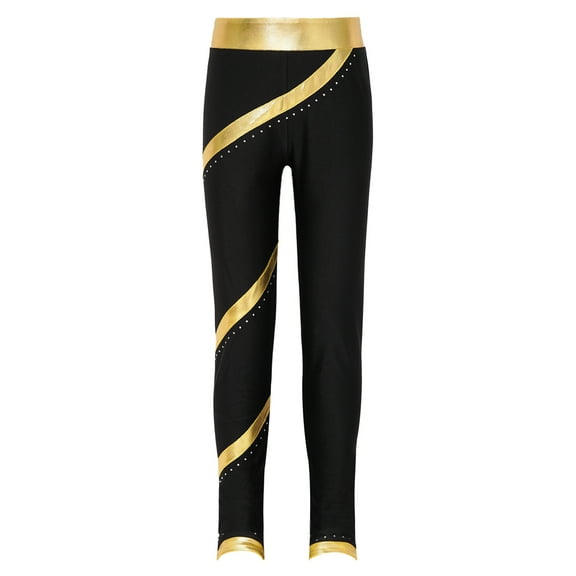 JanJean Kids Girls Figure Skating Criss Cross Pants High Waist Stretchy Ice Skating Leggings Gym Gold 16