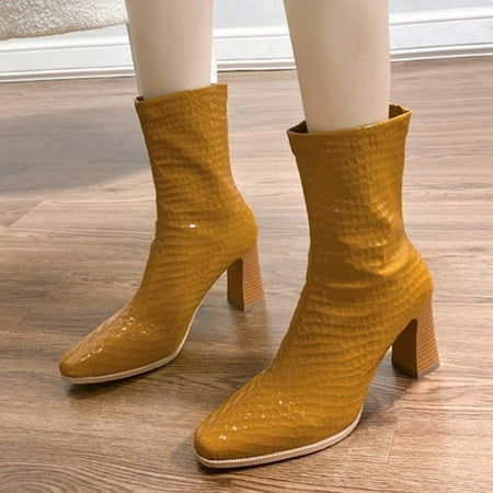 

ERTUTUYI Autumn And Winter Square Head Thick Heel Short Boots With Zipper At The Back Fashionable And Comfortable High Heeled Large Women Boots Yellow 39