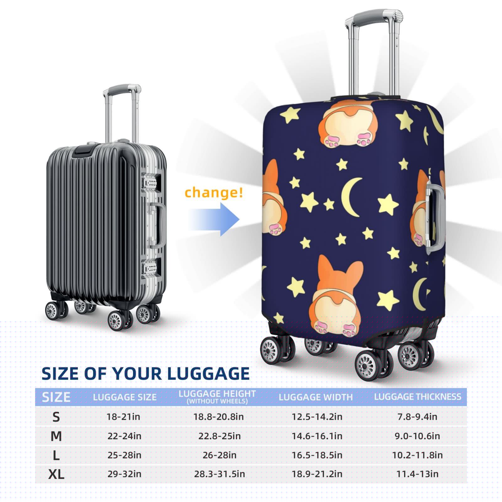 thumbnail image 4 of Yiaed Corgi Lying With Moons And Stars Print Travel Luggage Cover Suitcase Protector Fits 18-32 Inch Luggage Wheel Covers Patterned Elastic Luggage Anti-scratch（No luggage）-Large, 4 of 5